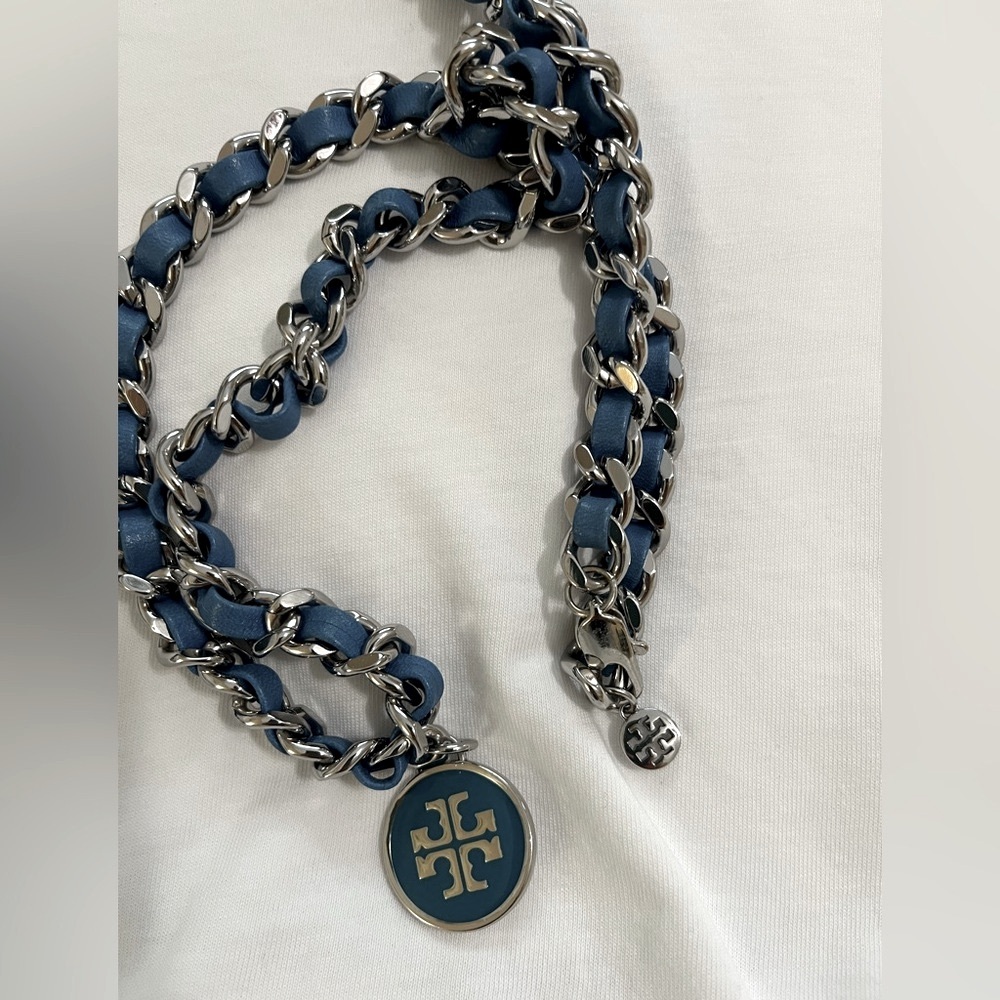 Tory Burch Blue Leather and Silver Medalion Necklace